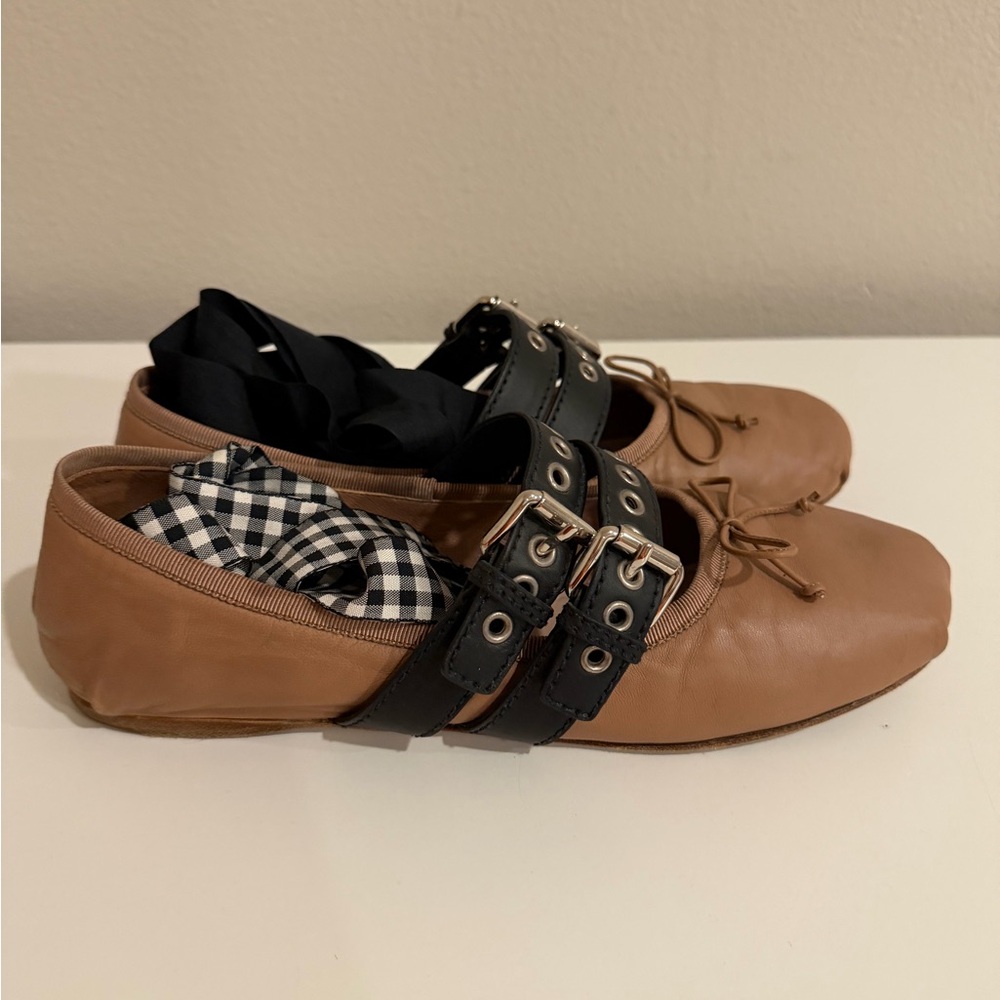 Miu Miu Rustic Rose and Black Flats with Bow Detail